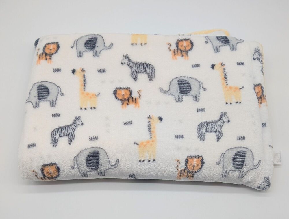 Modern Baby Yellow White Baby Blanket Safari Animals Plush Soft
